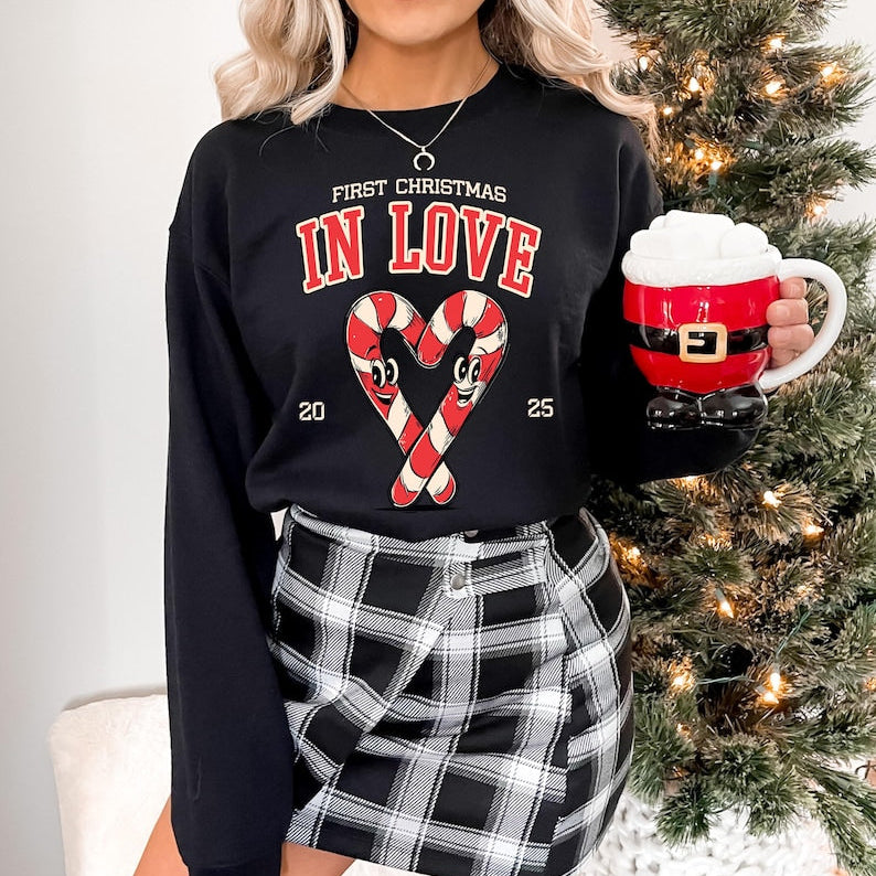 Custom Couples Matching Christmas Shirts, Our First Christmas Together Married Engaged Sweater Candy Cane Sweatshirt Hoodie Retro T shirt