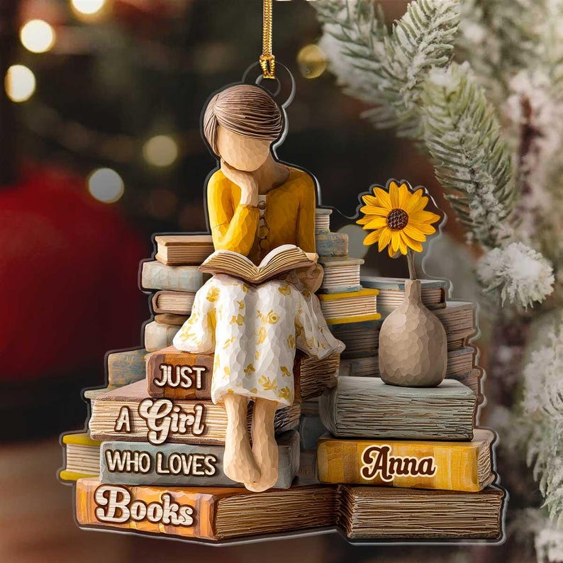 Personalized Book Lover Ornament, Just A Girl Who Loves Books Acrylic Gift, Custom Reading Themed Christmas Ornament, Cozy Bibliophile Decor