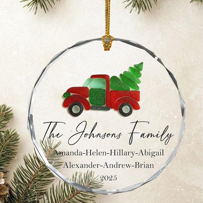 2D Sea Glass Family Name Christmas Car Ornaments, Personalized Family Ornament, Christmas Tree Ornament Family Names 2025, Holiday Keepsake