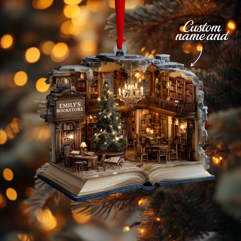 Custom Book Nook Christmas Ornament, 2D Mini Library Bookstore Scene, Personalized Name & Year, Literary Reading Nook, Xmas Tree Decor 2025