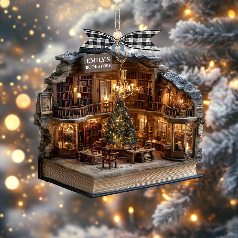 Custom Book Nook Christmas Ornament, 2D Mini Library Bookstore Scene, Personalized Name & Year, Literary Reading Nook, Xmas Tree Decor 2025