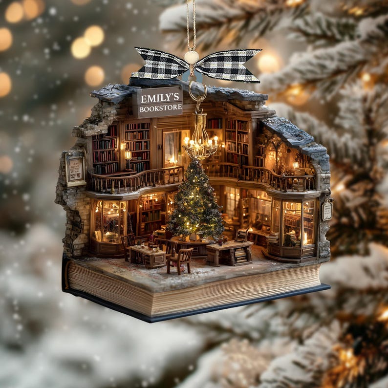Custom Book Nook Christmas Ornament, 2D Mini Library Bookstore Scene, Personalized Name & Year, Literary Reading Nook, Xmas Tree Decor 2025