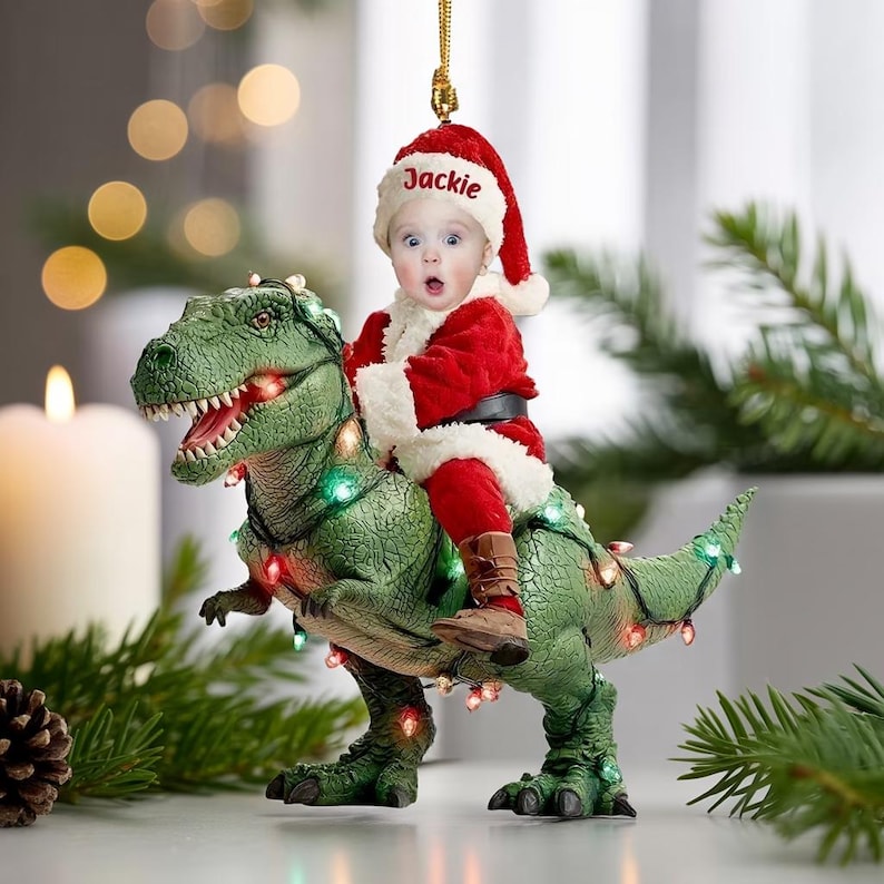 Personalized Baby Riding Dinosaur Ornament, Custom Photo Christmas Ornament, Funny Santa Kid Ornament, Dinosaur Christmas Tree Keepsake 2025