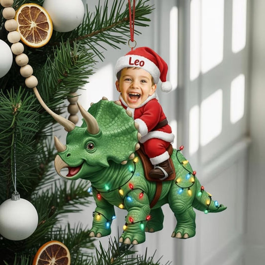 Personalized Kid Riding Dinosaur Ornament, Custom Photo Ornament, Santa Triceratops Ornament, Funny Kids Dinosaur Xmas Keepsake 2025