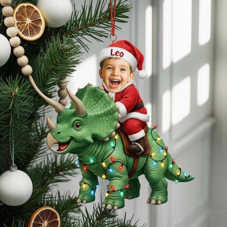 Personalized Kid Riding Dinosaur Ornament, Custom Photo Ornament, Santa Triceratops Ornament, Funny Kids Dinosaur Xmas Keepsake 2025