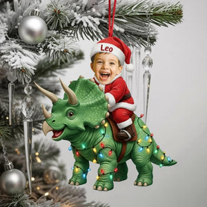 Personalized Kid Riding Dinosaur Ornament, Custom Photo Ornament, Santa Triceratops Ornament, Funny Kids Dinosaur Xmas Keepsake 2025