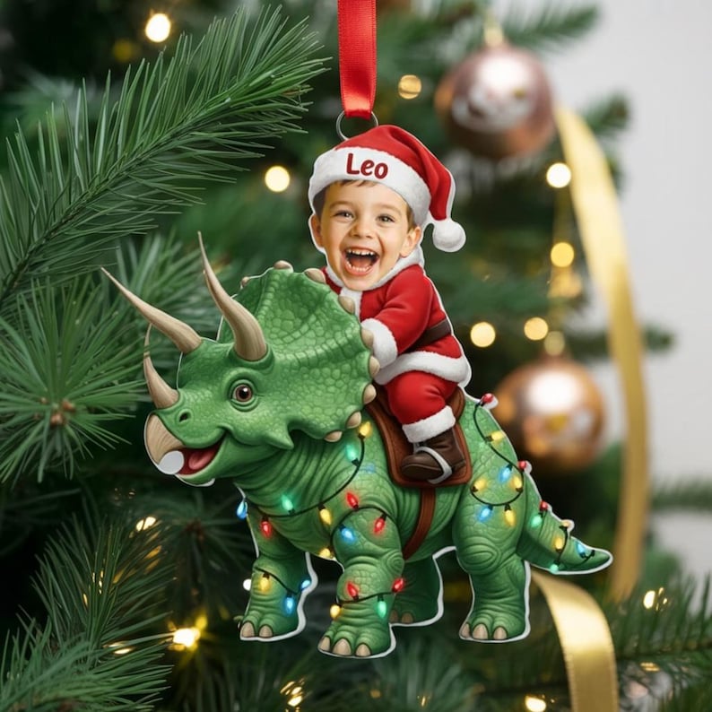 Personalized Kid Riding Dinosaur Ornament, Custom Photo Ornament, Santa Triceratops Ornament, Funny Kids Dinosaur Xmas Keepsake 2025