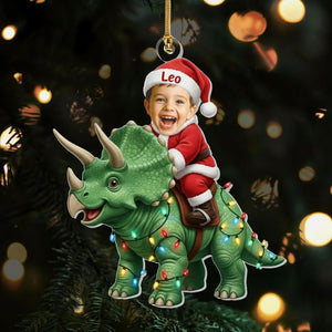 Personalized Kid Riding Dinosaur Ornament, Custom Photo Ornament, Santa Triceratops Ornament, Funny Kids Dinosaur Xmas Keepsake 2025