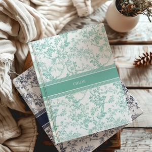 Blue Toile Personalized Journal, Customized Coquette Notebook for women, Custom Name Journal, Bridesmaid Proposal, Wedding Bridal Party Gift