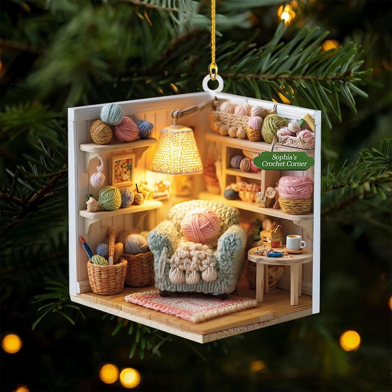 Personalized Crochet Corner Ornament, Custom Yarn Room Xmas Decor, Gift for Knitters, Crocheters & Craft Lovers, Crochet 2D Flat Ornament