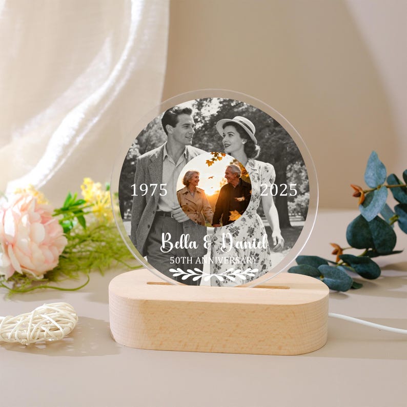 Personalized Then and Now Photo Night Light, 50th Anniversary LED Lamp, Golden Wedding Keepsake, Anniversary Gifts for Parents, Xmas Gifts