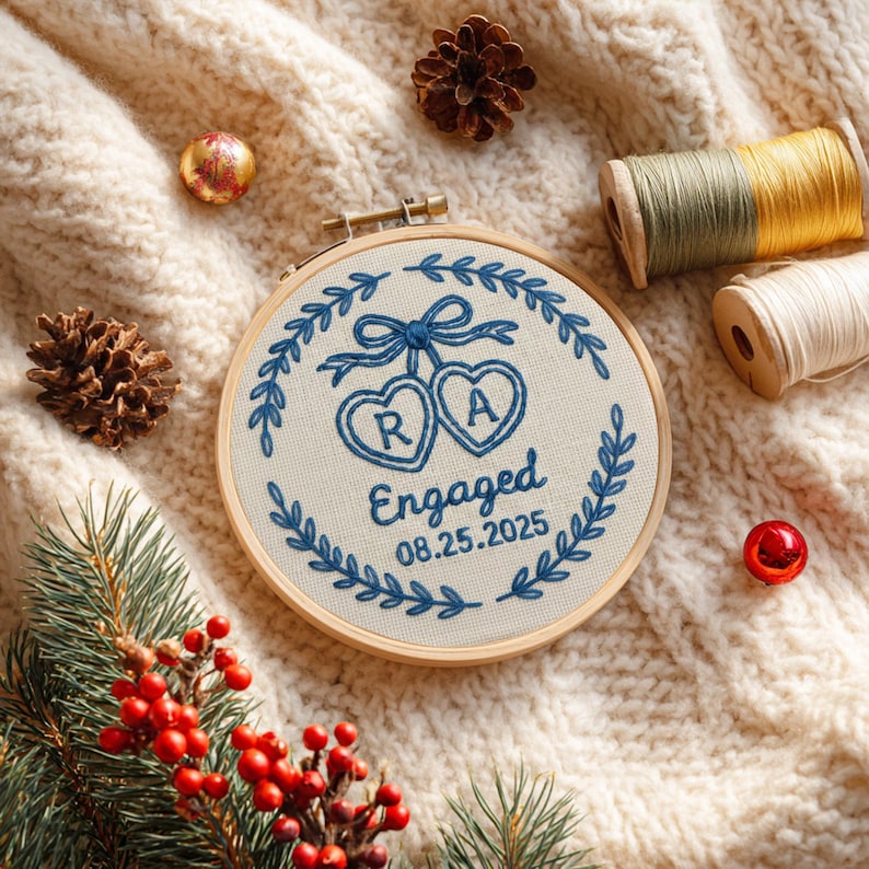 Personalized Embroidery Engagement Ornament, Chinoiserie Style Engaged Ornament, Custom Couple Name Hoop, Engaged Christmas Gift for Couple