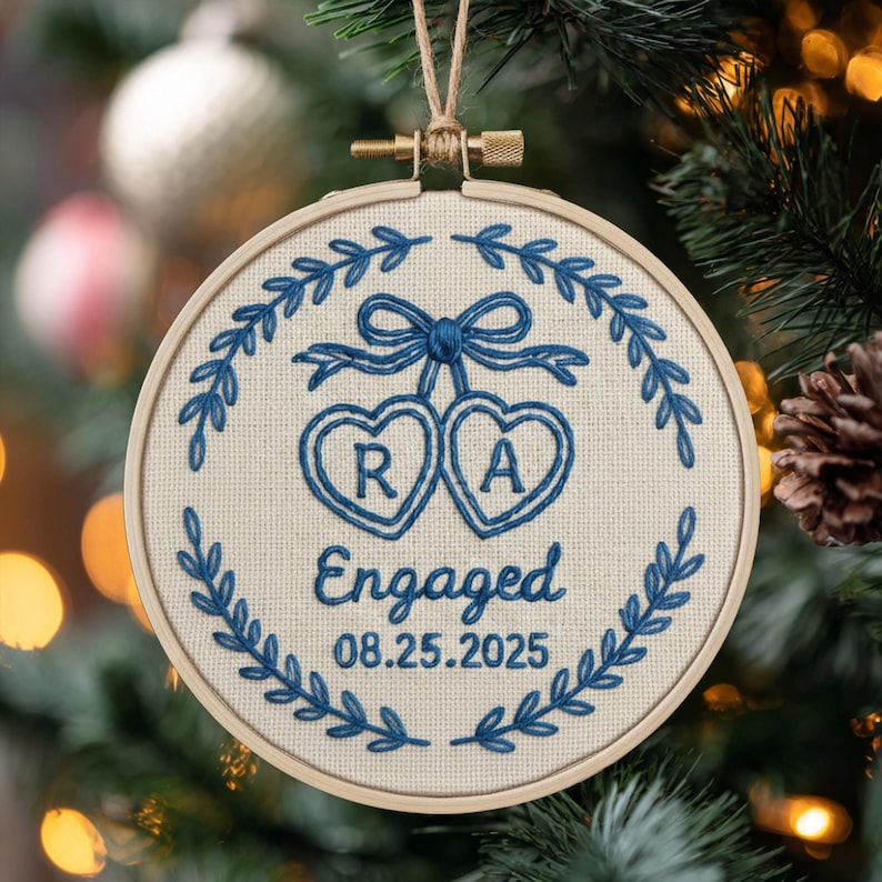Personalized Embroidery Engagement Ornament, Chinoiserie Style Engaged Ornament, Custom Couple Name Hoop, Engaged Christmas Gift for Couple