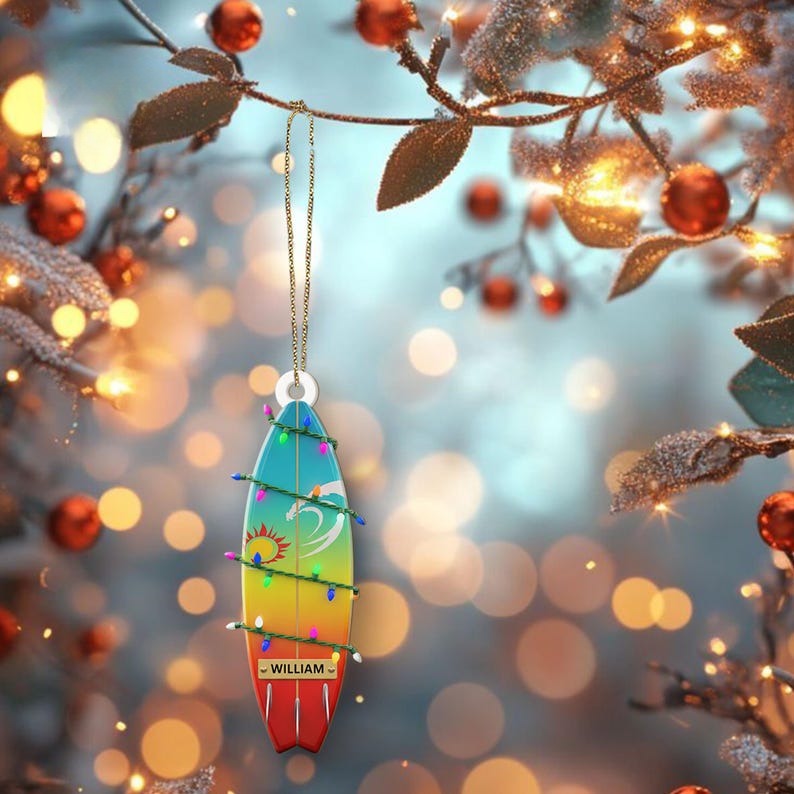 PERSONALIZABLE Surfboard Xmas Ornament, CUSTOMIZABLE Name Gift for Surfers, Beach Lovers, Summer Surf Tree Decor Keepsake for Him, Family