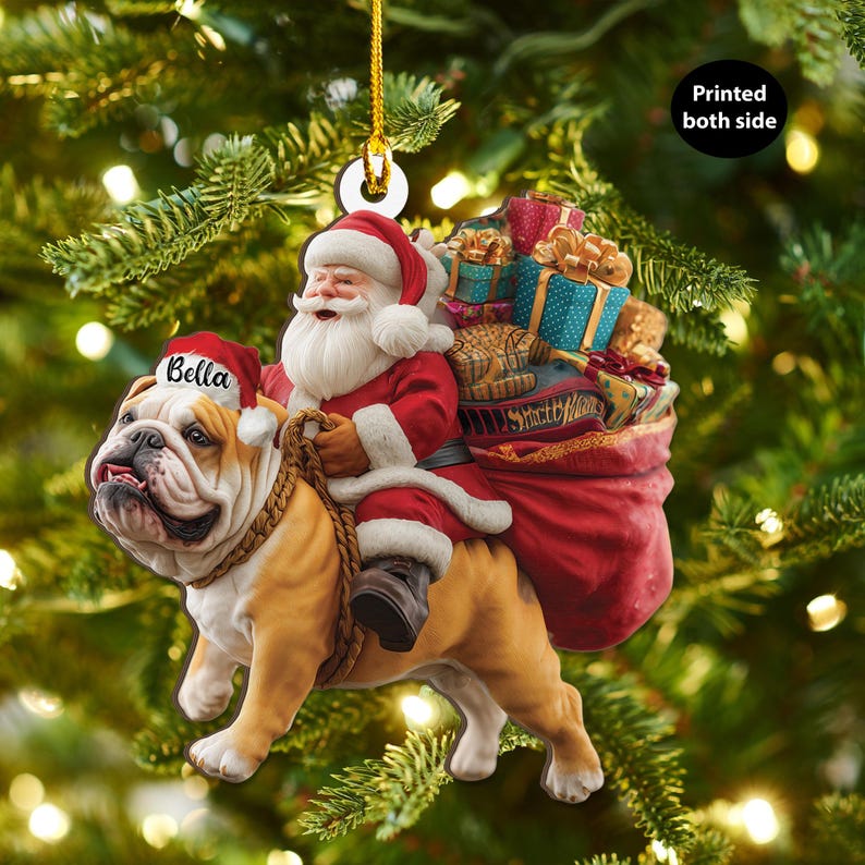 Personalized English Bulldog dog and Santa Christmas Wood Ornament, Flat 2D Holiday Tree Decor Gift for Dog Lovers, Families Pet Keepsakef