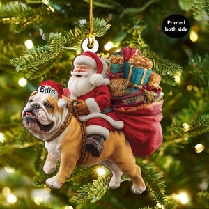 Personalized English Bulldog dog and Santa Christmas Wood Ornament, Flat 2D Holiday Tree Decor Gift for Dog Lovers, Families Pet Keepsakef