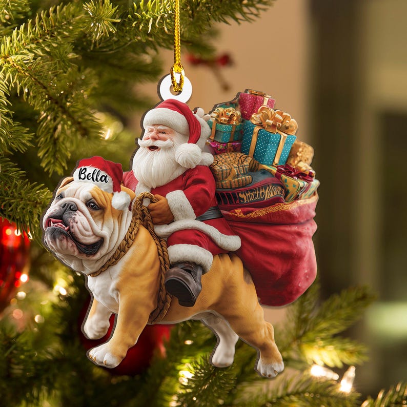 Personalized English Bulldog dog and Santa Christmas Wood Ornament, Flat 2D Holiday Tree Decor Gift for Dog Lovers, Families Pet Keepsakef