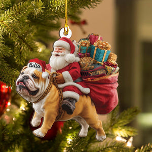Personalized English Bulldog dog and Santa Christmas Wood Ornament, Flat 2D Holiday Tree Decor Gift for Dog Lovers, Families Pet Keepsakef