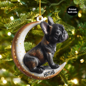 Personalized Black French Bulldog On Moon Christmas Wood Ornament, Flat 2D Holiday Tree Decor Gift for Dog Lovers, Families Pet Keepsakef