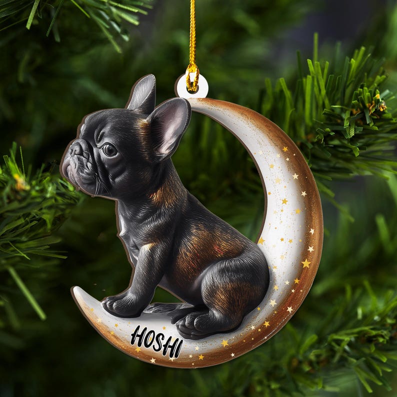 Personalized Black French Bulldog On Moon Christmas Wood Ornament, Flat 2D Holiday Tree Decor Gift for Dog Lovers, Families Pet Keepsakef