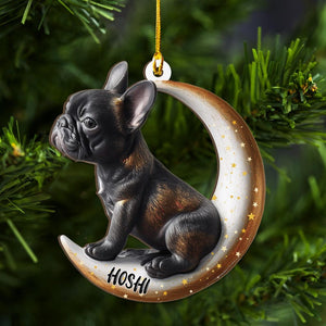Personalized Black French Bulldog On Moon Christmas Wood Ornament, Flat 2D Holiday Tree Decor Gift for Dog Lovers, Families Pet Keepsakef