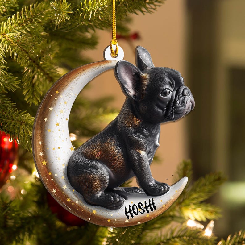 Personalized Black French Bulldog On Moon Christmas Wood Ornament, Flat 2D Holiday Tree Decor Gift for Dog Lovers, Families Pet Keepsakef