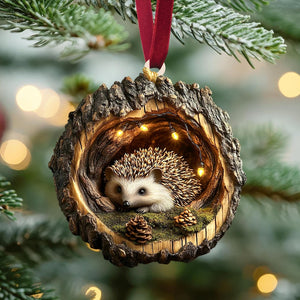 Woodland Hedgehog Ornament Bark log hollow, pinecones and moss, rustic ash-wood look, cozy Christmas tree style, 2D FLAT ornament