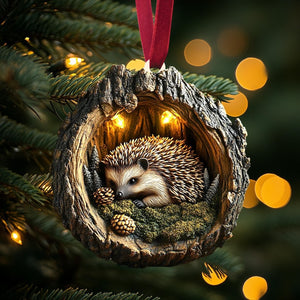 Woodland Hedgehog Ornament Bark log hollow, pinecones and moss, rustic ash-wood look, cozy Christmas tree style, 2D FLAT ornament
