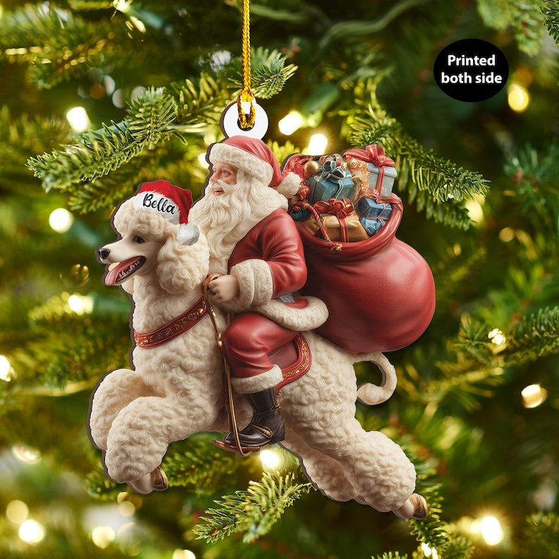 Personalized Poodle Dog and Santa Christmas Wood Ornament, Flat 2D Holiday Tree Decor Gift for Dog Lovers, Families Pet Keepsakef