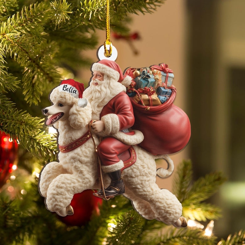 Personalized Poodle Dog and Santa Christmas Wood Ornament, Flat 2D Holiday Tree Decor Gift for Dog Lovers, Families Pet Keepsakef
