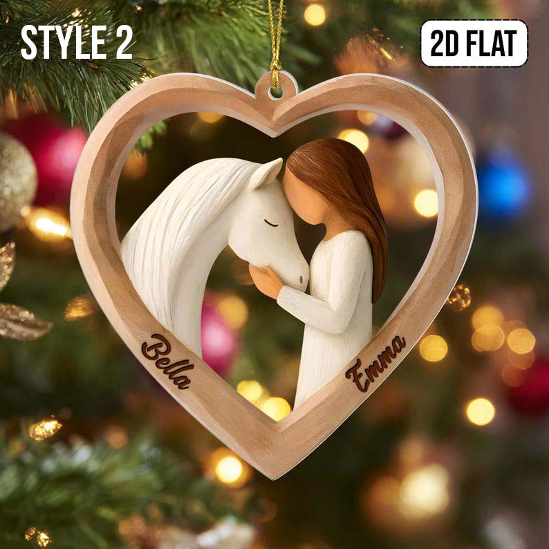 Personalized 2D Flat Faux Wood - Carving Horse Lover Acrylic Ornament Custom Girl and Horse Heart Ornament, Keepsake Gift for Equestrians