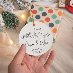Personalized Skyline Engagement Bauble, City Skyline Just Married Gift, First Christmas Engaged Ornament for Couples, City Attractions Gift