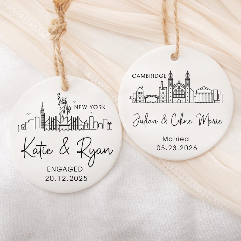 Personalized Skyline Engagement Bauble, City Skyline Just Married Gift, First Christmas Engaged Ornament for Couples, City Attractions Gift