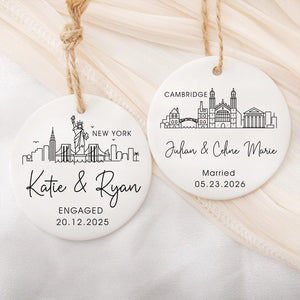 Personalized Skyline Engagement Bauble, City Skyline Just Married Gift, First Christmas Engaged Ornament for Couples, City Attractions Gift