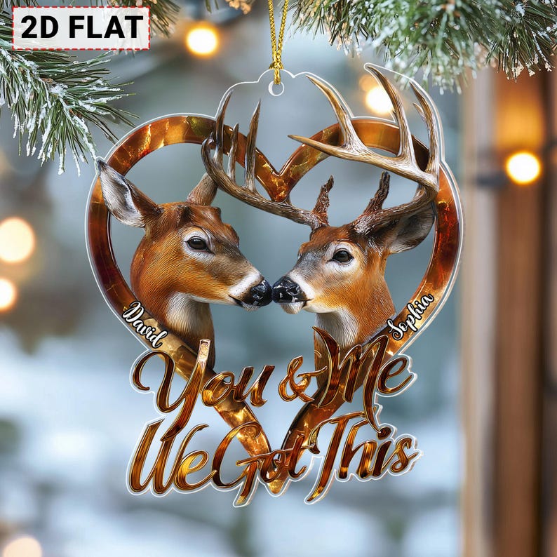 Personalized Deer Couple Ornament, You & Me We Got This 2D Flat Heart Ornament, Custom Names Gift for Couples, Deer Couple Xmas Ornament