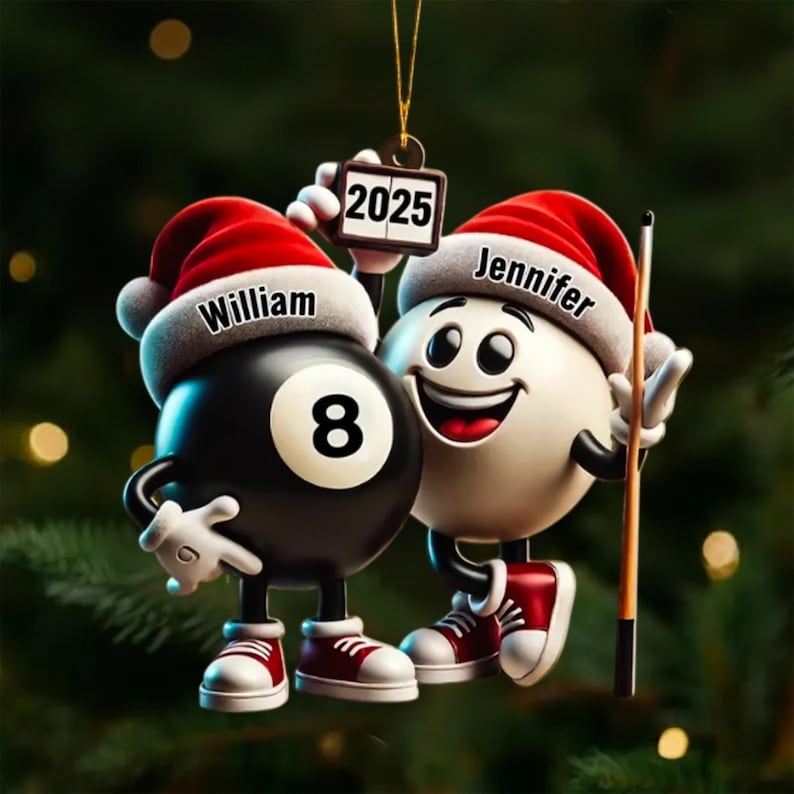 Personalized 2D FLAT Acrylic Pool Ornament, Custom Name 8 Ball & Cue Ball Christmas Gift, Billiard Lover Decor for Couples, Funny Holiday