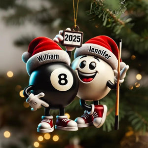 Personalized 2D FLAT Acrylic Pool Ornament, Custom Name 8 Ball & Cue Ball Christmas Gift, Billiard Lover Decor for Couples, Funny Holiday