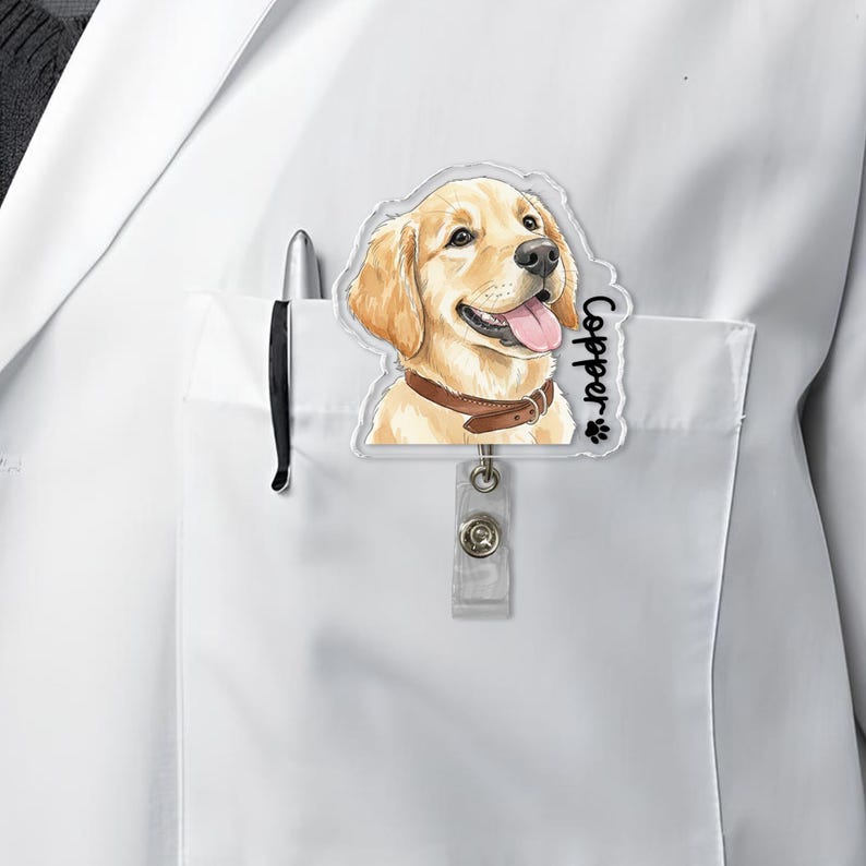 Personalized Acrylic Portrait From Photo Badge Reel: Dog, Cat Retractable ID Holder