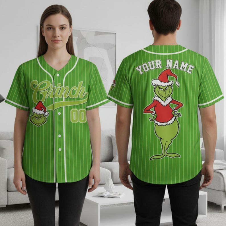 Personalized Grinch Jersey Shirt, Funny Christmas Baseball Jersey, Holiday Whoville Grinch Outfit, Christmas Party Wear