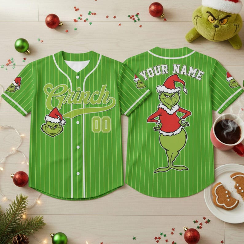 Personalized Grinch Jersey Shirt, Funny Christmas Baseball Jersey, Holiday Whoville Grinch Outfit, Christmas Party Wear