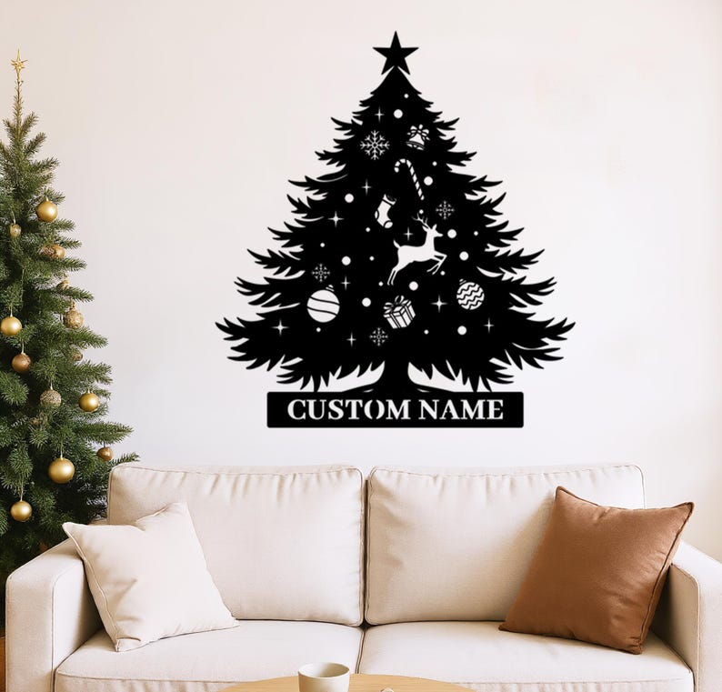Custom Name Christmas Tree Metal Sign: Personalized, Home Decor, Gift for Holiday Celebration, Farmhouse