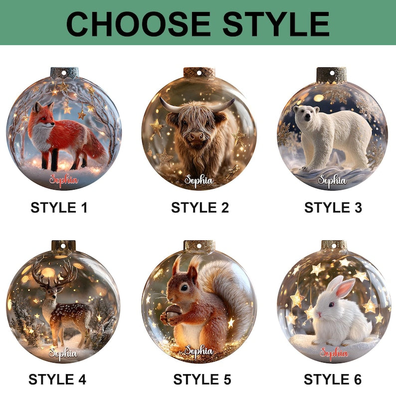 2D Flat Woodland Animal Christmas Acrylic Ornament Set, Personalized Wildlife Ornaments, Rustic Forest Animal Bauble Gift for Nature Lovers