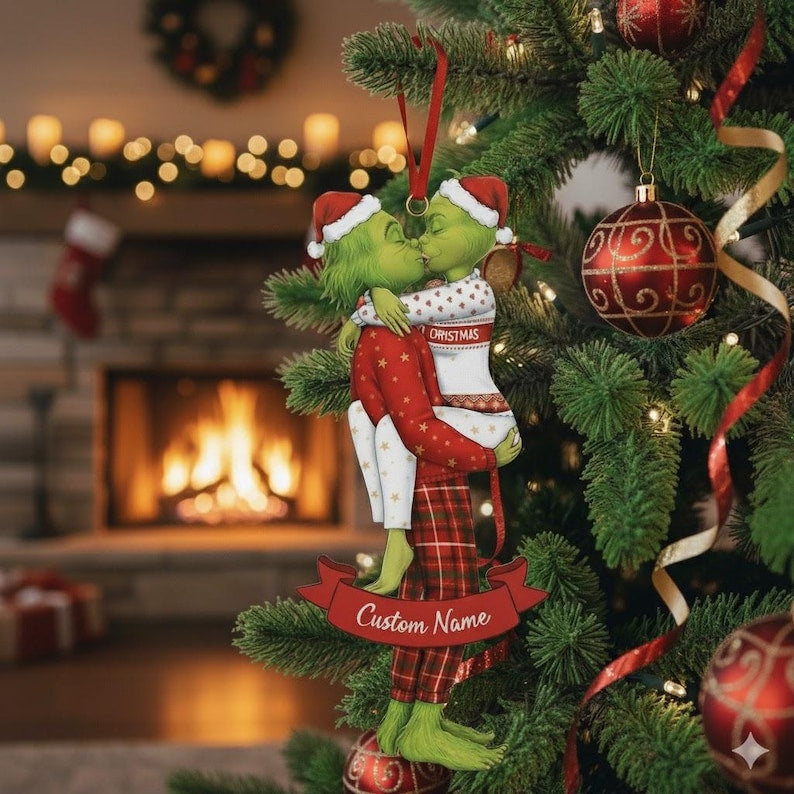 Personalized Grinch Couple Kissing Acrylic Ornament, Grinch Ornament, Couple Christmas Ornament, The Grinchmas Decor, Newly Wed Ornament