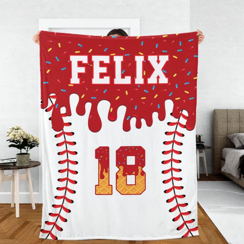 Personalized Baseball Blanket: Ice Cream Drip Design, Custom Kid's Birthday Gift, Baseball Blanket, Team Present, Ice Cream Baseball Blanket