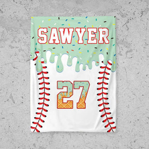 Personalized Baseball Blanket: Ice Cream Drip Design, Custom Kid's Birthday Gift, Baseball Blanket, Team Present, Ice Cream Baseball Blanket