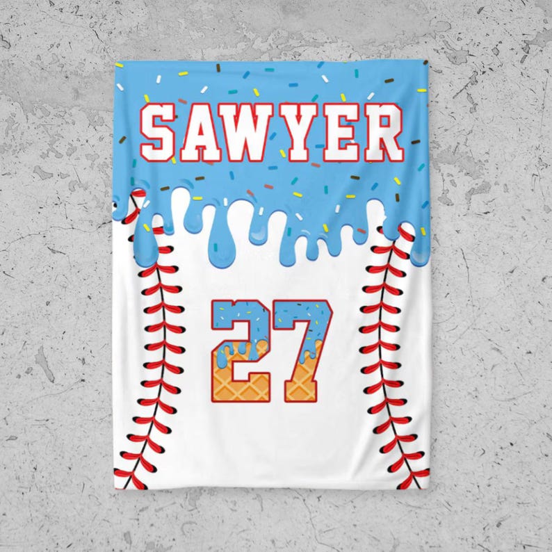 Personalized Baseball Blanket: Ice Cream Drip Design, Custom Kid's Birthday Gift, Baseball Blanket, Team Present, Ice Cream Baseball Blanket