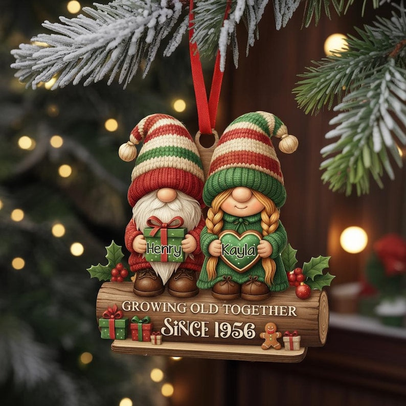 Personalize Gnome Couple Growing Old Together Acrylic Ornament, Couple Ornament, Christmas Decor for Couple, Husband Wife Christmas Ornament