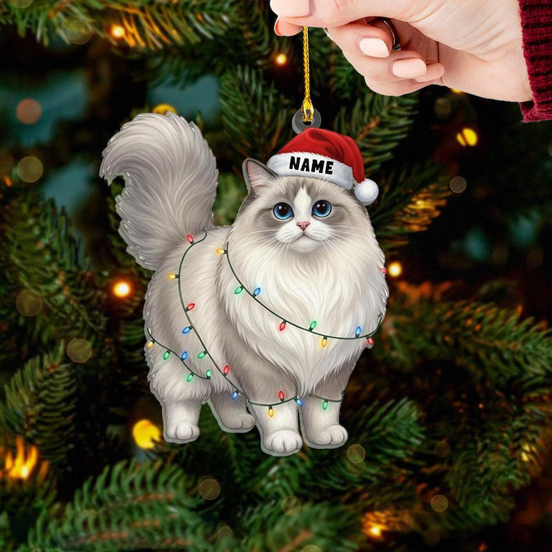 Personalized Ragdoll Cat Christmas Ornament, Custom Name Ragdoll Cat with Santa Hat Ornament, Cat Lover Gift, Xmas Decor, Gift For Pet Lover