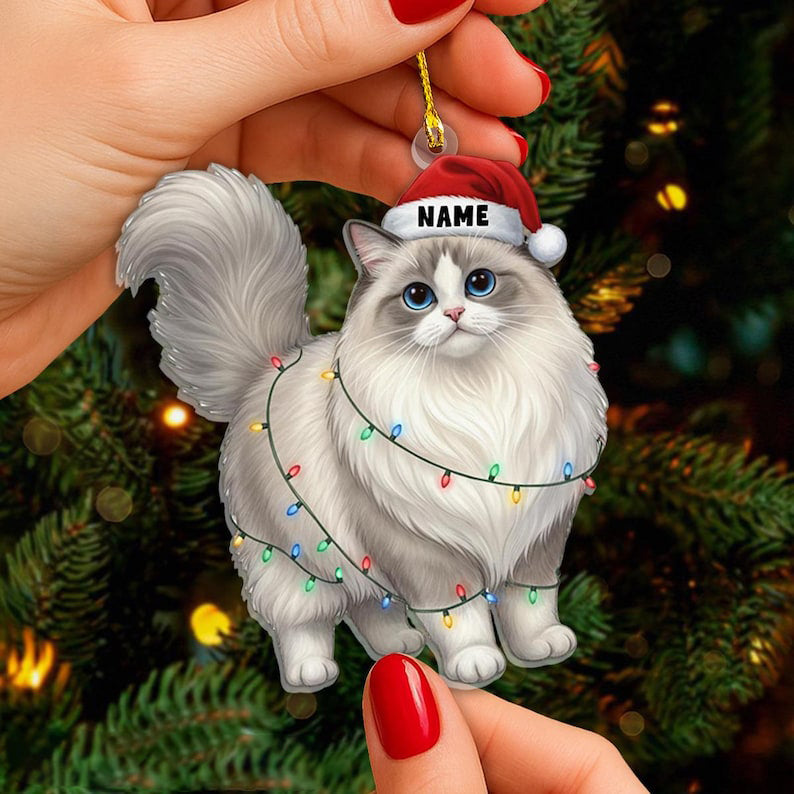 Personalized Ragdoll Cat Christmas Ornament, Custom Name Ragdoll Cat with Santa Hat Ornament, Cat Lover Gift, Xmas Decor, Gift For Pet Lover