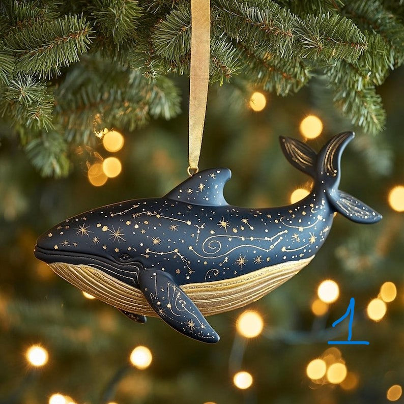Custom Celestial Whale 2D FLAT Christmas Ornament - Cosmic Ocean Tree Decoration With Gold Star Constellations